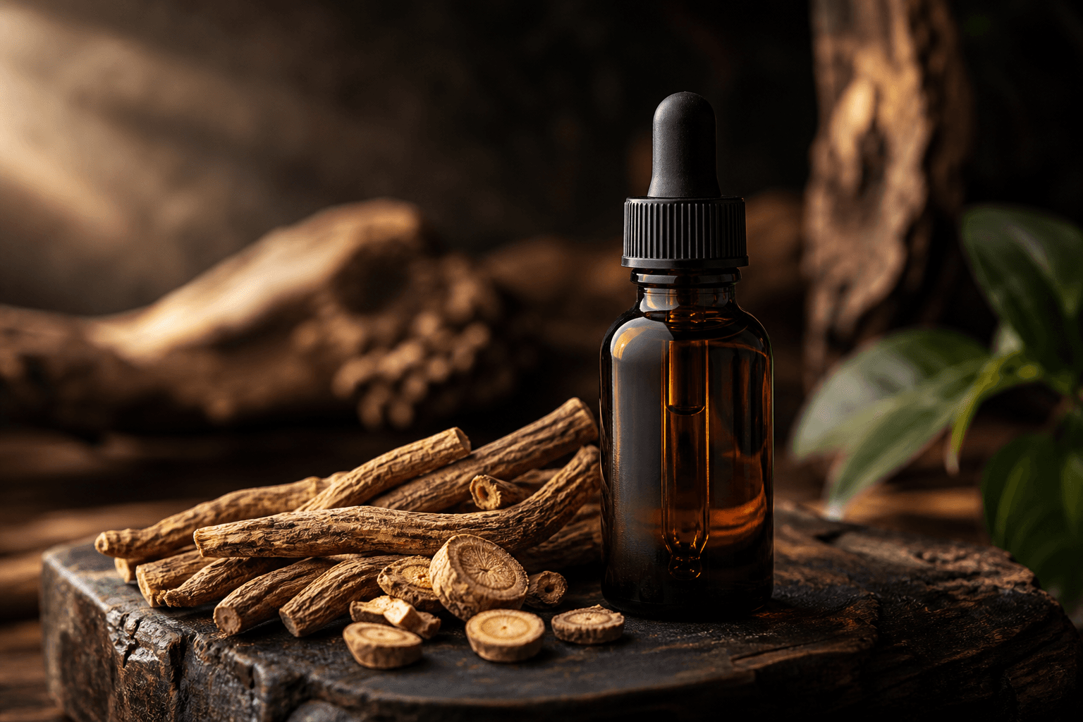 Amber dropper bottle with Tongkat Ali roots